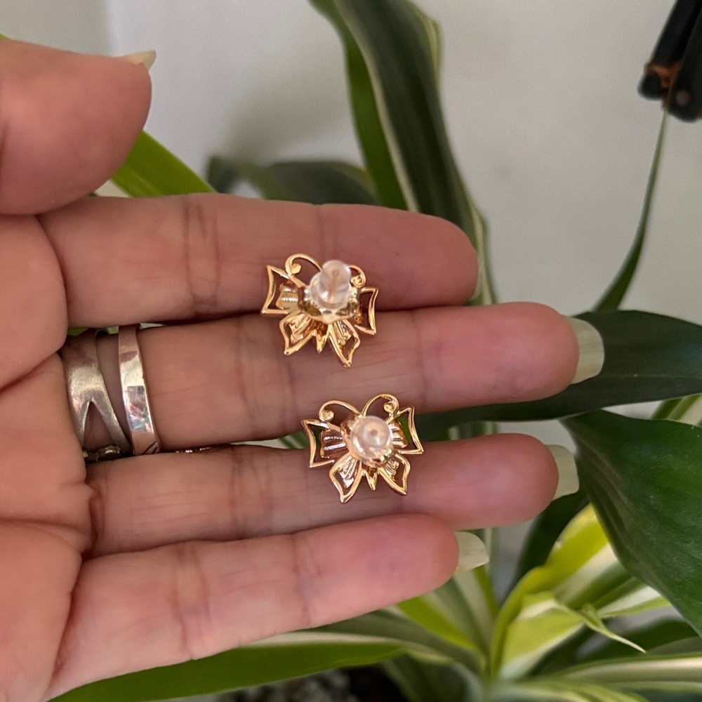 Gold-Tone Red Floral Butterfly Stud Earrings - Picture 2 of 3
